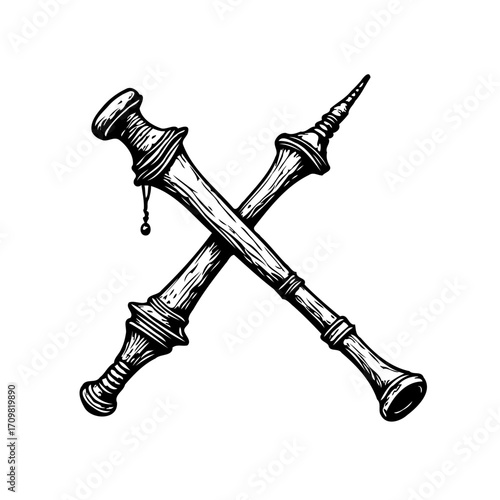 Vintage wooden wind instrument illustration featuring crossed baroque recorders offering a