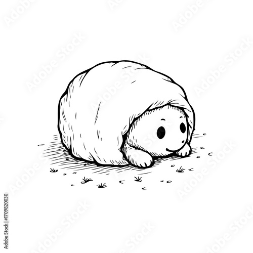 Whimsical adorable creature illustration wrapped in soft textile depicting comforting scene of