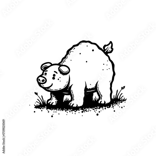 Whimsical animal art: A delightful cartoon piglet illustration in black and white, evoking