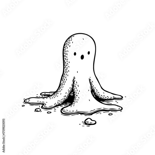 Whimsical apparition in ink wash aesthetic with surreal spectral melting form for modern design