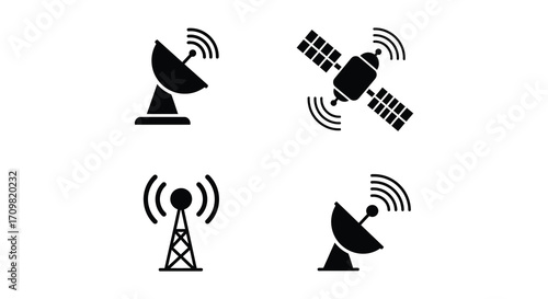 Illustrative collection of communication technology icons including satellites and towers