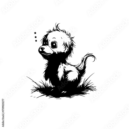 Whimsical avian illustration: A captivating monochrome cartoon bird character amidst textured