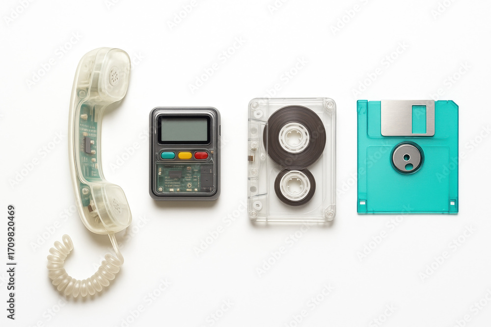 Fototapeta premium Retro Technology Collection with Clear Phone, Pager, Tape, and Floppy Disk