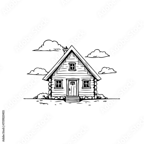 Whimsical cabin illustration showcasing serene woodland refuge amidst cloudy skies offering