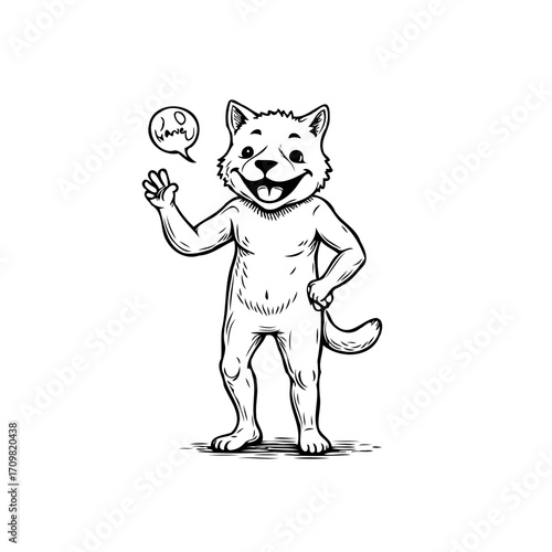 Whimsical canine character waving hello with cheerful expression in a black and white illustration
