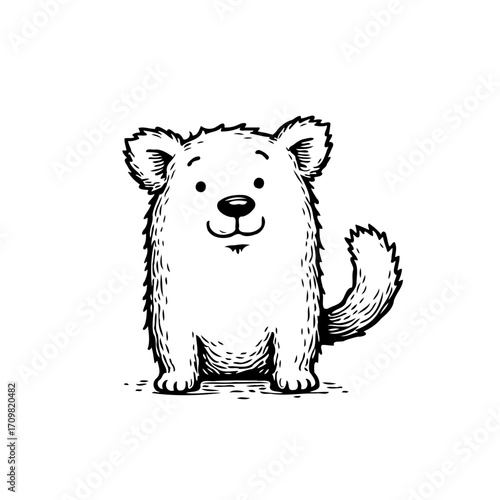 Whimsical canine illustration features a cute fluffy dog with an adorable expression perfect for