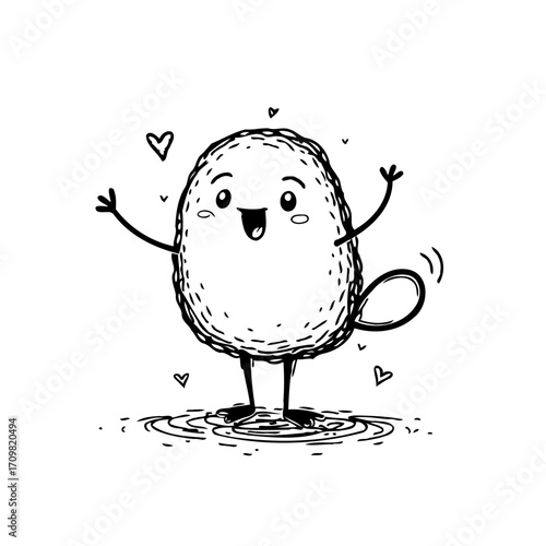 Whimsical cartoon character with open arms, expressing joy and surrounded by affection in a simple