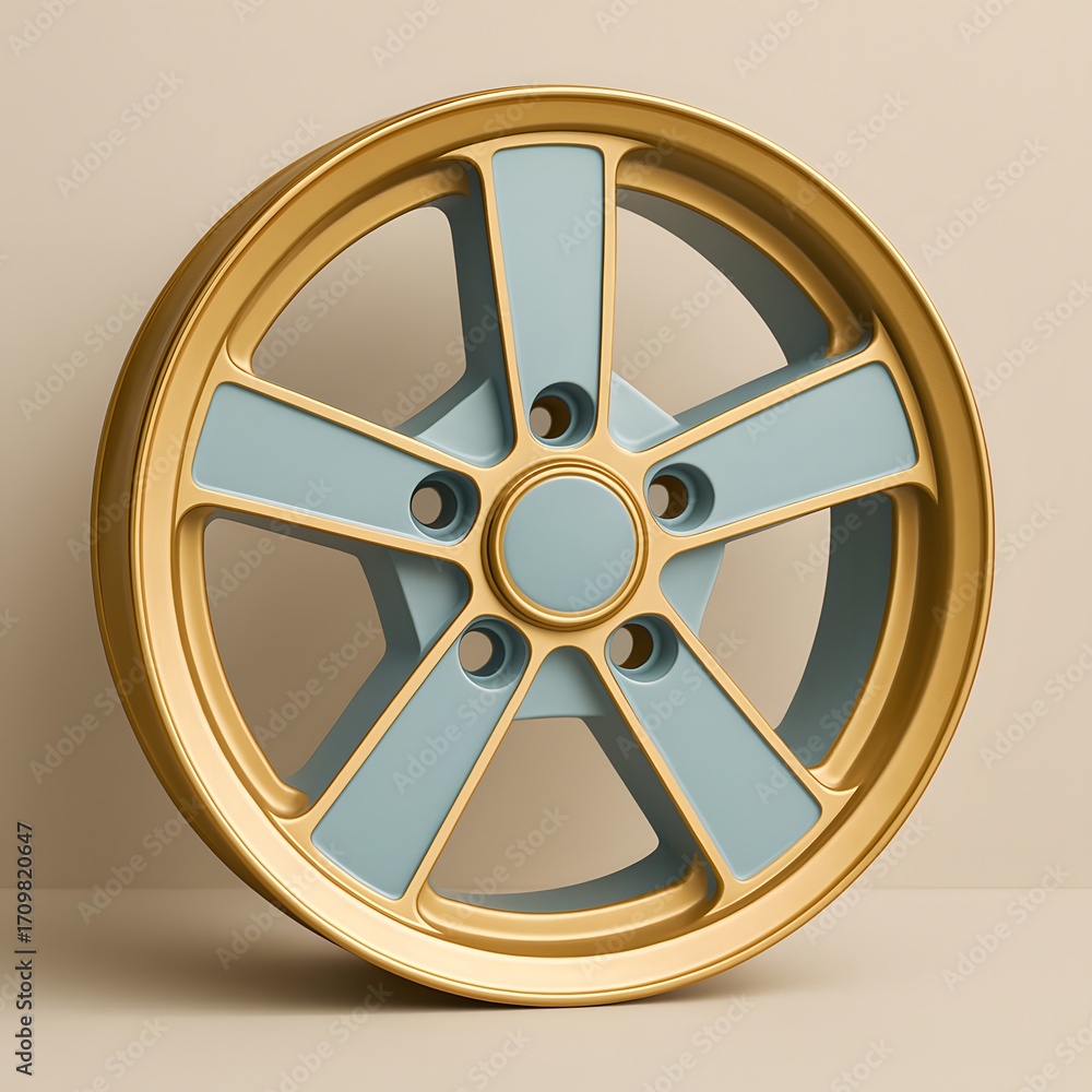 Obraz premium Minimalist car wheel aesthetic, gold and pastel blue colors