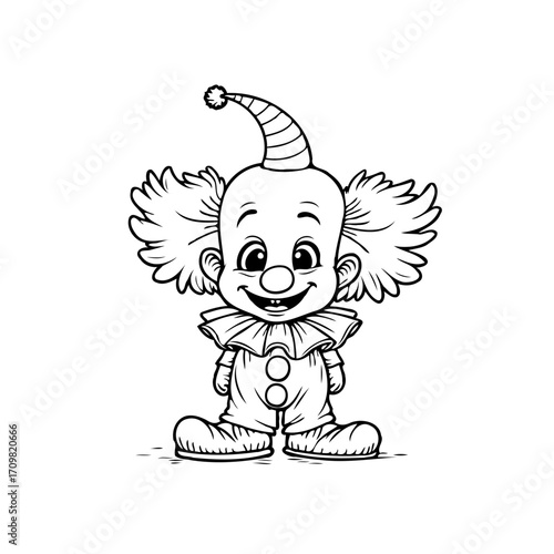 Whimsical clown illustration with cheerful expression suitable for children's coloring books and