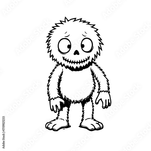Whimsical depiction of a quirky monster character in a black and white drawing style illustration