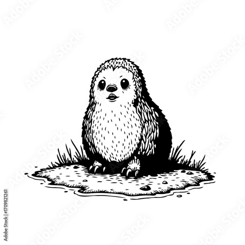 Whimsical depiction of a young penguin resting on the ice patch in simple black and white style