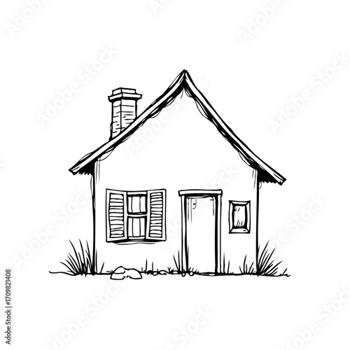 Whimsical drawing showcases a simple dwelling with a chimney evoking rural charm and peaceful
