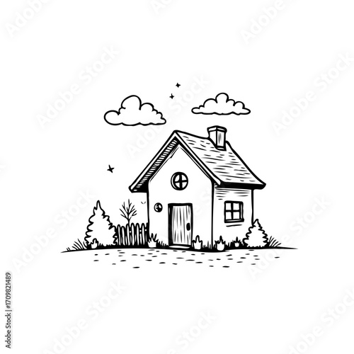 Whimsical dwelling illustration: A simple home sketch evoking cozy feelings and domestic