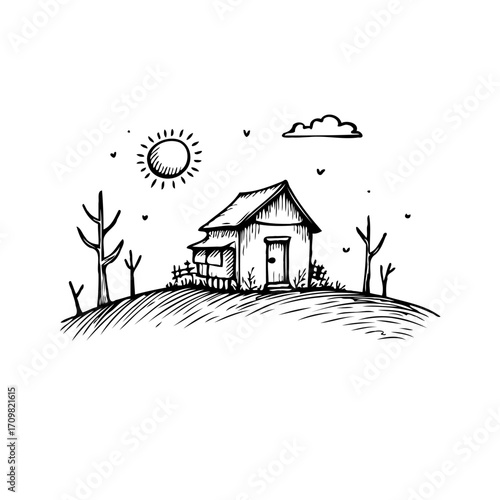 Whimsical dwelling perched atop a gentle slope under the warm gaze of the sun evoking serenity and