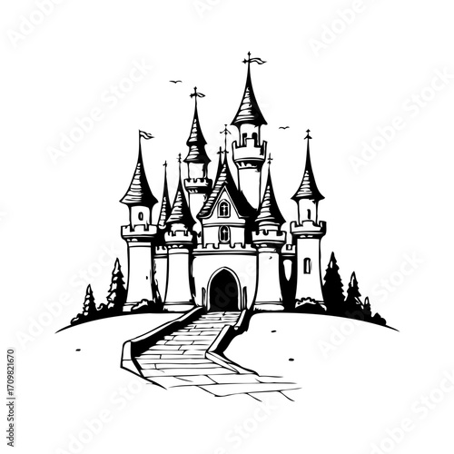 Whimsical fairytale castle illustration with spires and winding pathway creating a magical fantasy