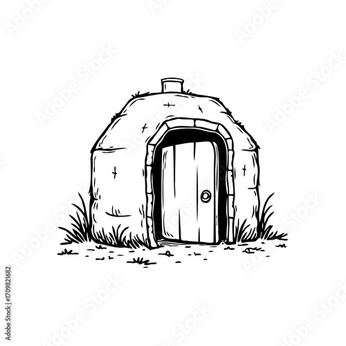 Whimsical dwelling sketch: a solitary structure amid nature's embrace with a touch of rustic charm