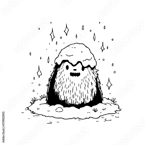 Whimsical fluffy character with snow hat delightful winter scene a charming hand drawn artwork