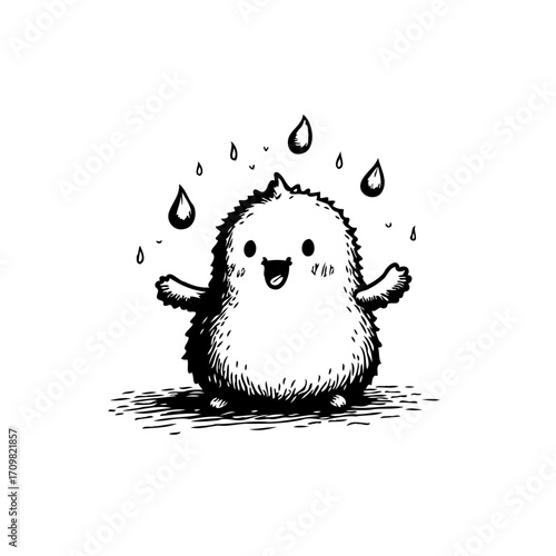 Whimsical fluffy creature stands gleefully under a gentle rain shower sketched with charming