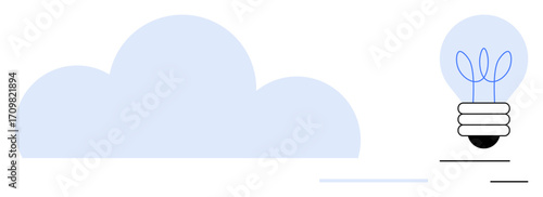 Blue cloud and lightbulb with sprouting leaves suggest eco-friendly innovation and logical thinking. Ideal for technology, ecology, sustainability, energy, creativity, cloud computing, brainstorming