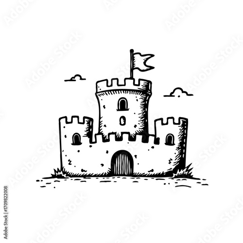 Whimsical fortress sketch with flag towering above detailed stonework and surrounding miniature