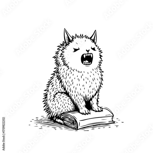 Whimsical fury feline illustration perched atop book evokes playful charm with ink outlines and