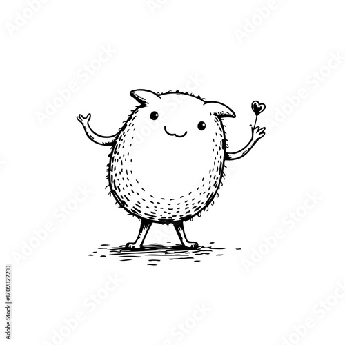 Whimsical fuzzy creature holding tiny heart illustration in black and white offering affection