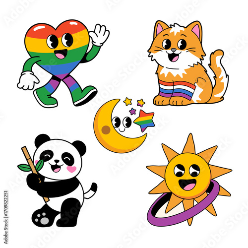 Rainbow pride sticker set, cute heart characters, happy sun and moon, playful cat panda, equality support, colorful vector