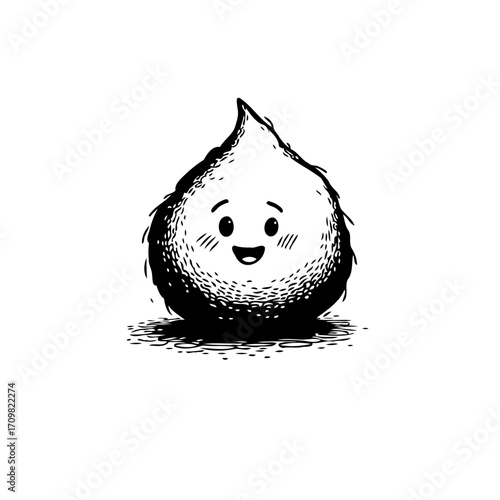 Whimsical fuzzy creature illustration with a cheerful expression in detailed monochrome artwork