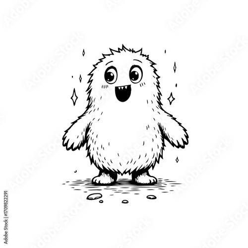 Whimsical fuzzy creature illustration radiates delight with sparkles creating a lighthearted