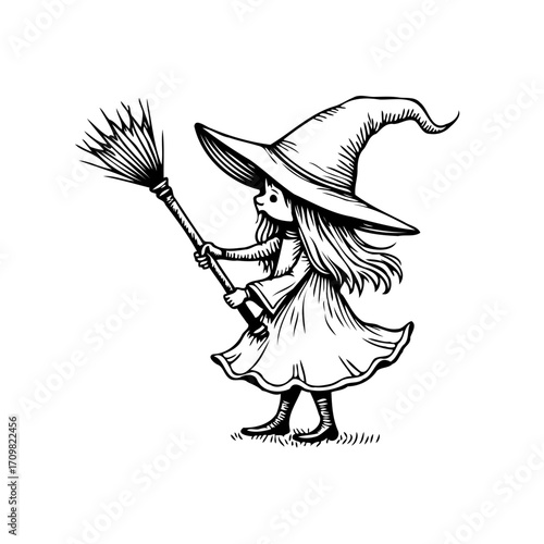 Whimsical halloween depiction of a young witch with a broom ready to spread enchantment and joy