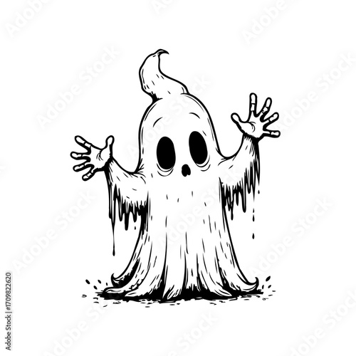 Whimsical Halloween spirit illustration of a cartoonish ghost with expressive eyes and dripping