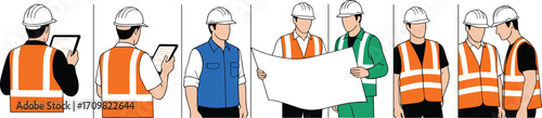 Construction Workers Collaborating with Tablets, Blueprints, and Safety Gear for Effective Project Planning and Teamwork