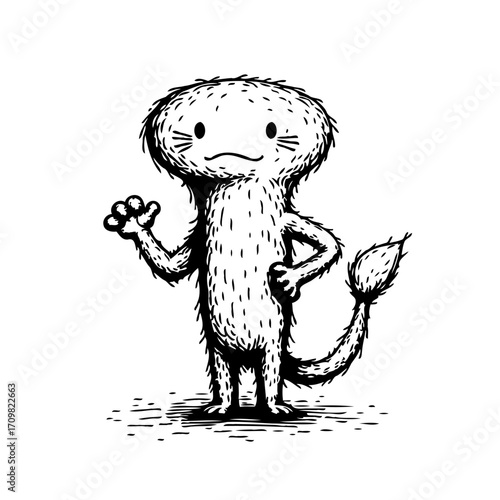 Whimsical hand drawn furry creature illustration with inquisitive expression engaging in friendly