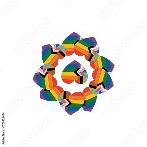 Rainbow hearts wreath, circular flower symbol, love unity theme, vector art, colorful emblem, sticker, decoration, pride celebration graphic