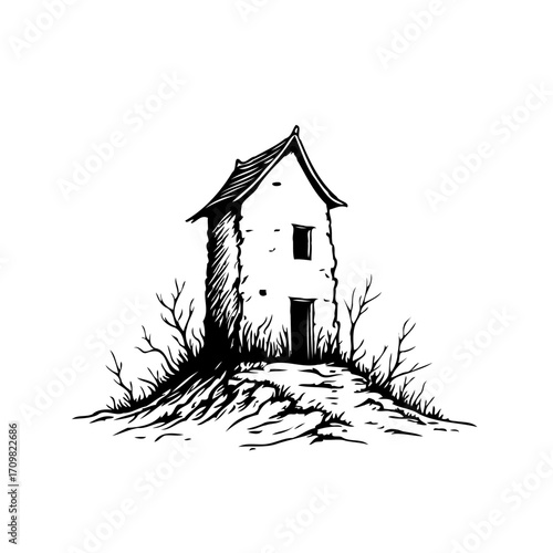 Whimsical hand drawn illustration of a quaint house on a hill surrounded by barren trees creating
