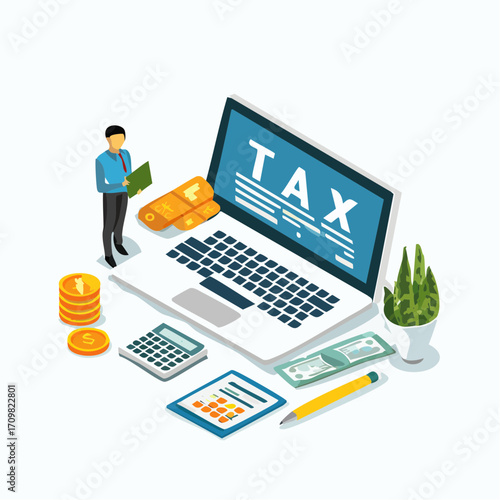 Finance and accounting concept. Financial adviser preparing tax declaration, calculating income tax return. Finance management template. Flat isometric vector illustration.