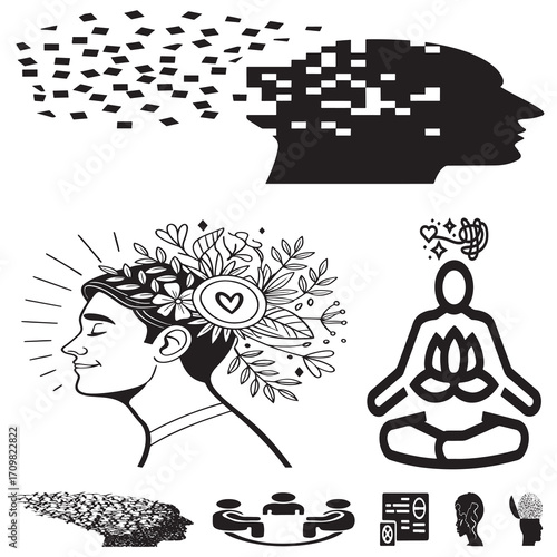 Illustrations Representing Mental Health Awareness Cognitive Clarity Emotional Balance Mindfulness Therapy Self-Care Stress Relief Meditation and Healthy Mindset Growth in the Human Brain