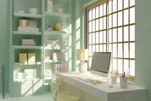 Pastel mint green home office with natural light