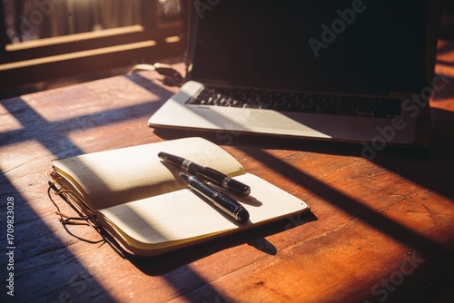 Open notebook, pens, and laptop on a wooden desk, sunlight
