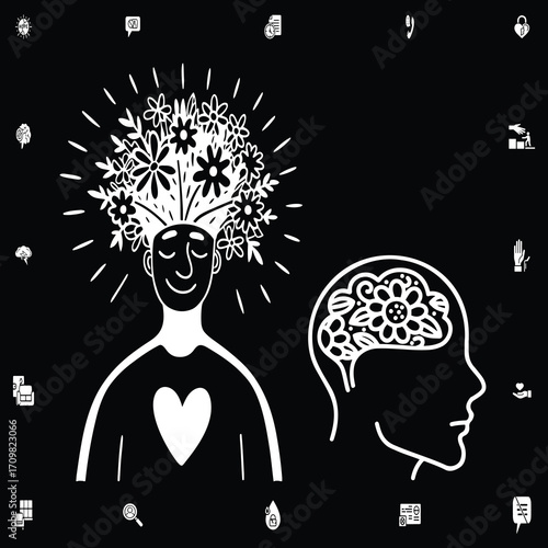Positive mindset and emotional well being illustration with blooming flowers representing mental health care balance peace and inner growth