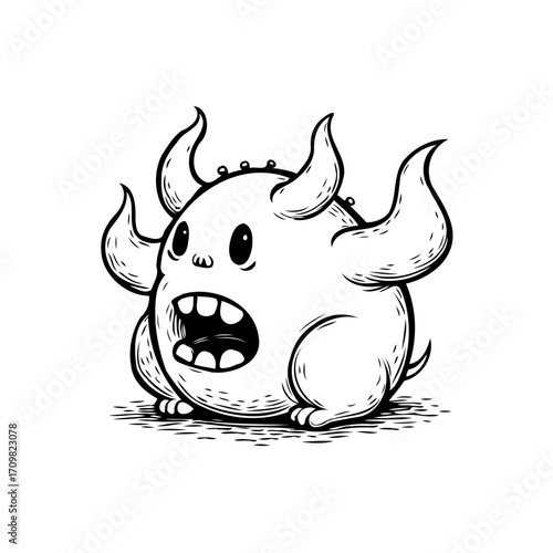 Whimsical illustration of a quirky horned creature, perfect for fantasy themed designs and playful