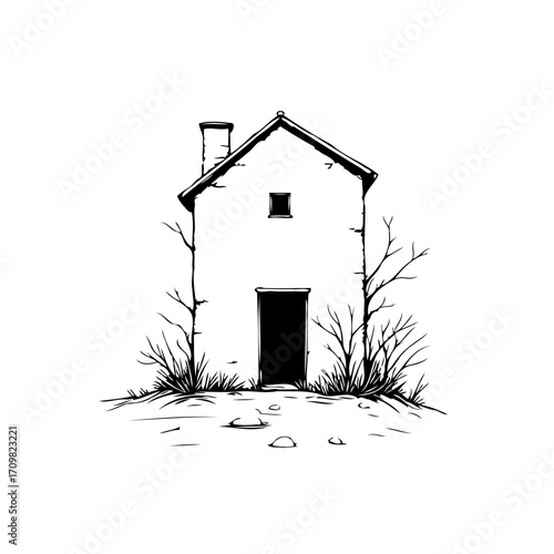 Whimsical illustration showcases simple rural dwelling with chimney surrounded by dormant