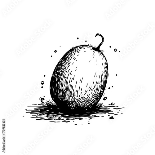 Whimsical melon illustration showcasing detailed hatching in a monochrome palette offering a
