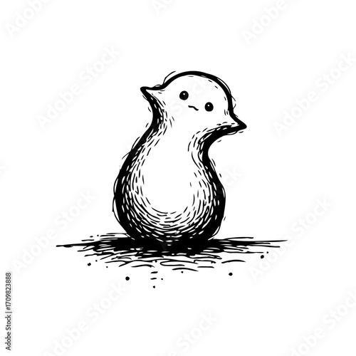 Whimsical monochrome illustration of a cute ghost character with a sad expression and textured