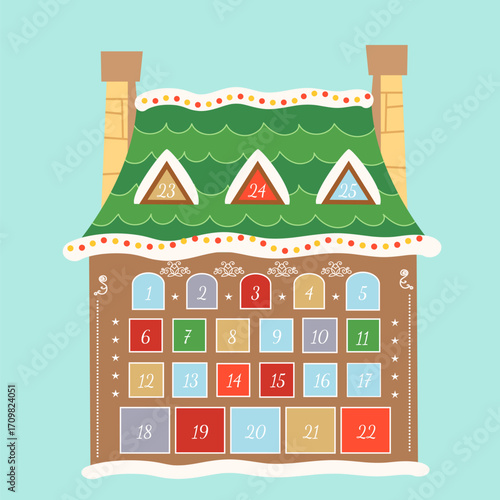 Advent calendar house, design. Christmas design, greeting vector card, flat, seasonal poster.