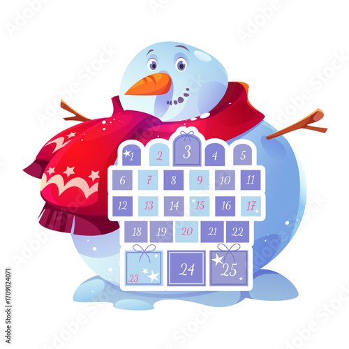 Snowman, Advent calendar, brochure design. Bright cartoon snowman in Christmas clothes. Christmas decor, flat vector on a white background, isolated