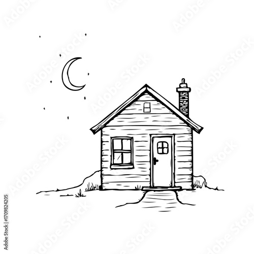 Whimsical night sketch a cozy cabin beneath crescent moon offering peaceful solitude rural dwelling