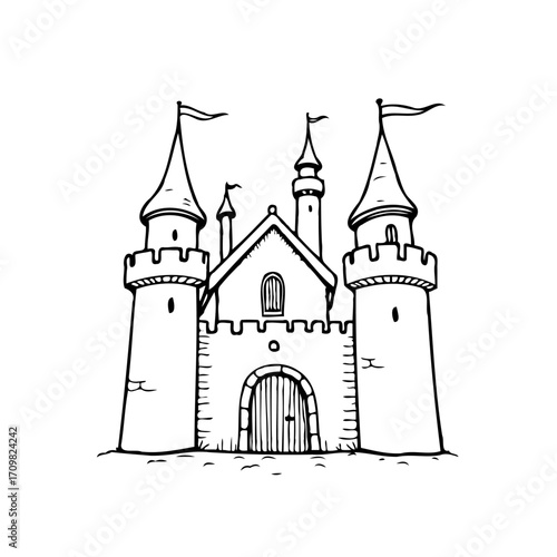 Whimsical outline illustration of a charming fairytale castle against a pristine white background