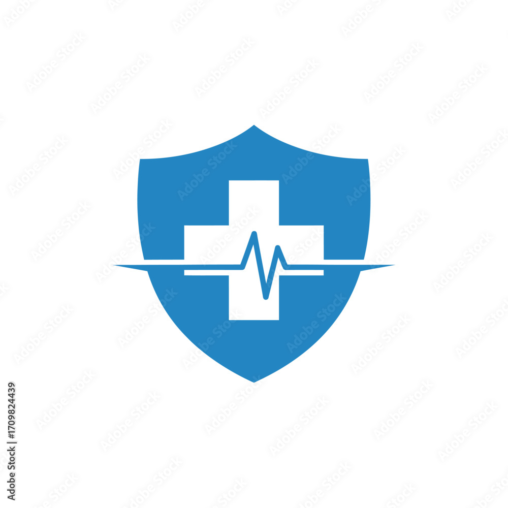 Obraz premium Healthcare logo with shield, medical cross, and heartbeat line in blue