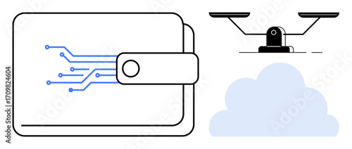 Digital wallet with electronic circuitry, scales symbolizing justice, and a cloud shape. Ideal for finance, technology, security, cloud storage, fairness online transactions and innovation. Simple